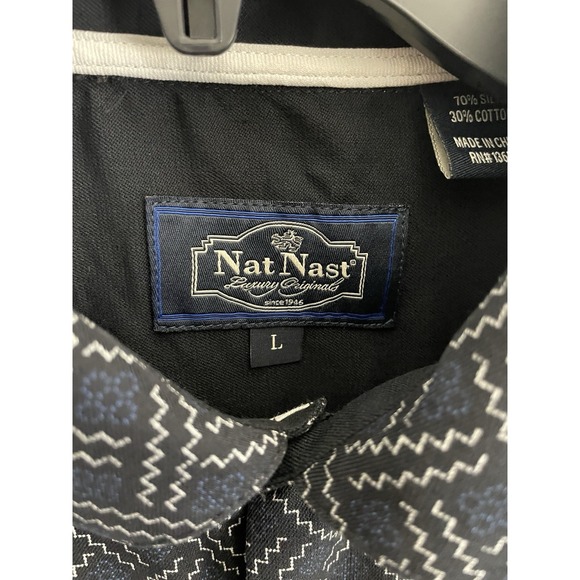 Nat Nast Luxury Originals Men's L Black Silk Shirt Geometric Zigzag Short Sleeve - Picture 2 of 6